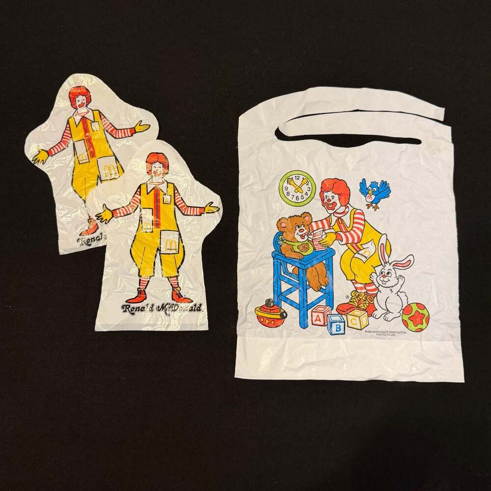 Vintage 1986 McDonald's Plastic Child's Bib and 1970’s Plastic Hand Puppets